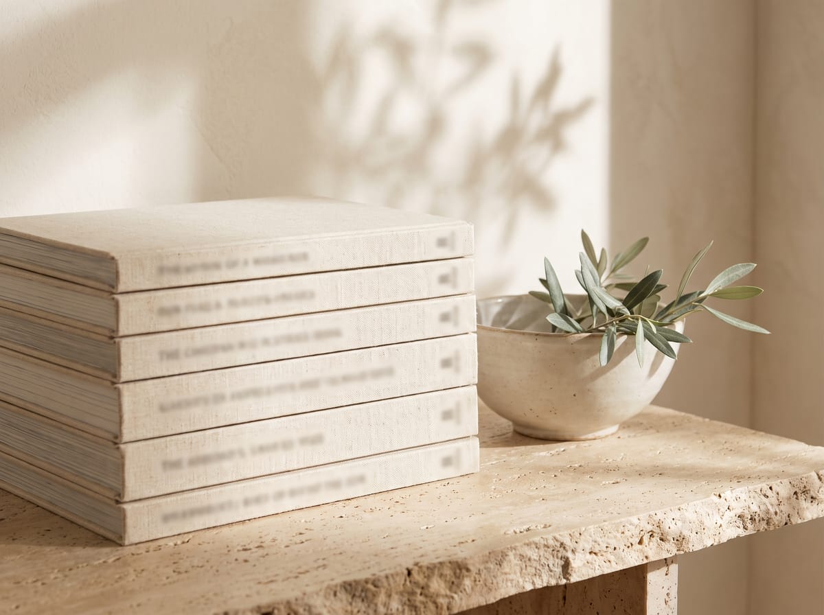 Gestapelte leinengebundene Bücher auf einer sonnenbeschienenen Natursteinfläche, daneben ein Olivenzweig