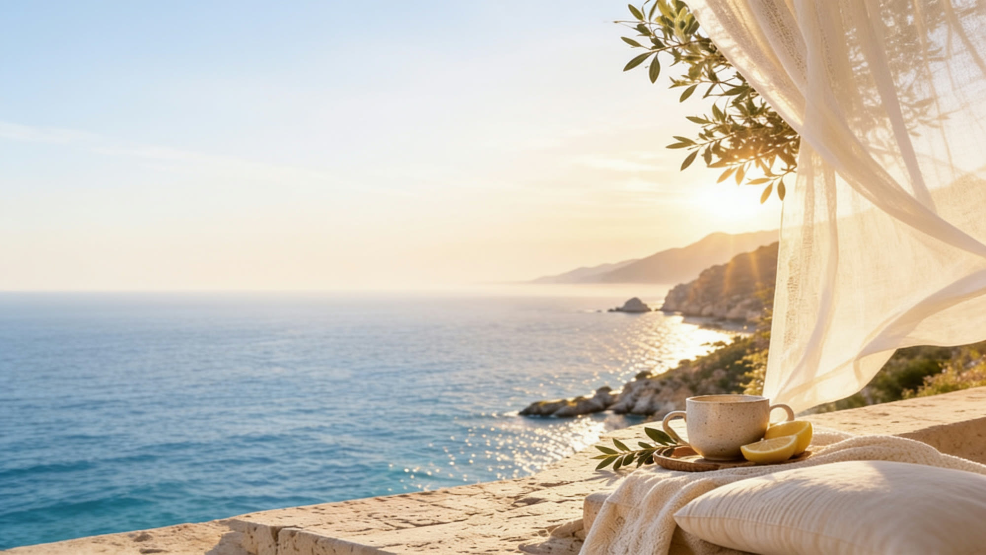 Mediterrane Küste im Abendlicht: ruhiges Meer, Felsen, ein Olivenzweig, ein Leinenvorhang im Wind und eine Tasse Tee mit Zitrone auf einer Steinterrasse