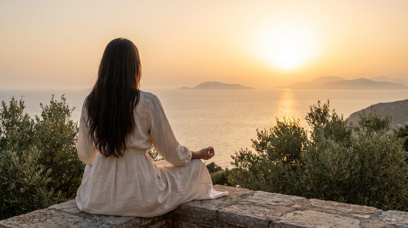 Person von hinten, in Ruhe sitzend auf einer Steinterrasse mit Blick auf das Meer im Abendlicht